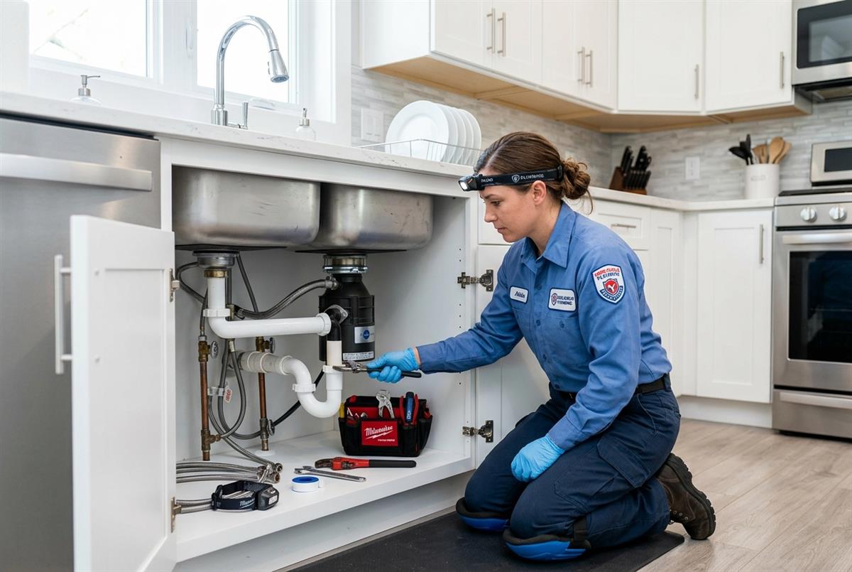 Kitchen sink drain cleaning service removing grease accumulation from P-trap