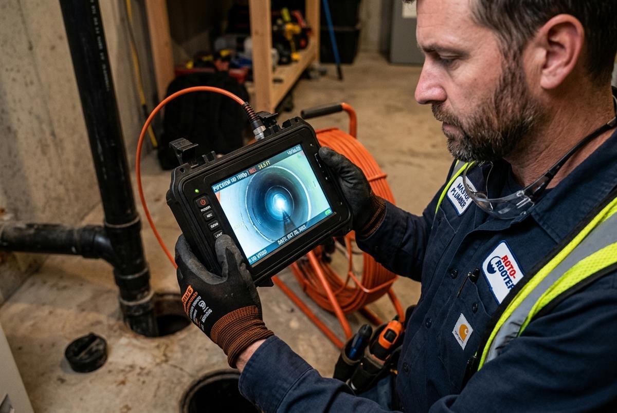 Sewer camera inspection technician examining interior pipe walls and blockage locations