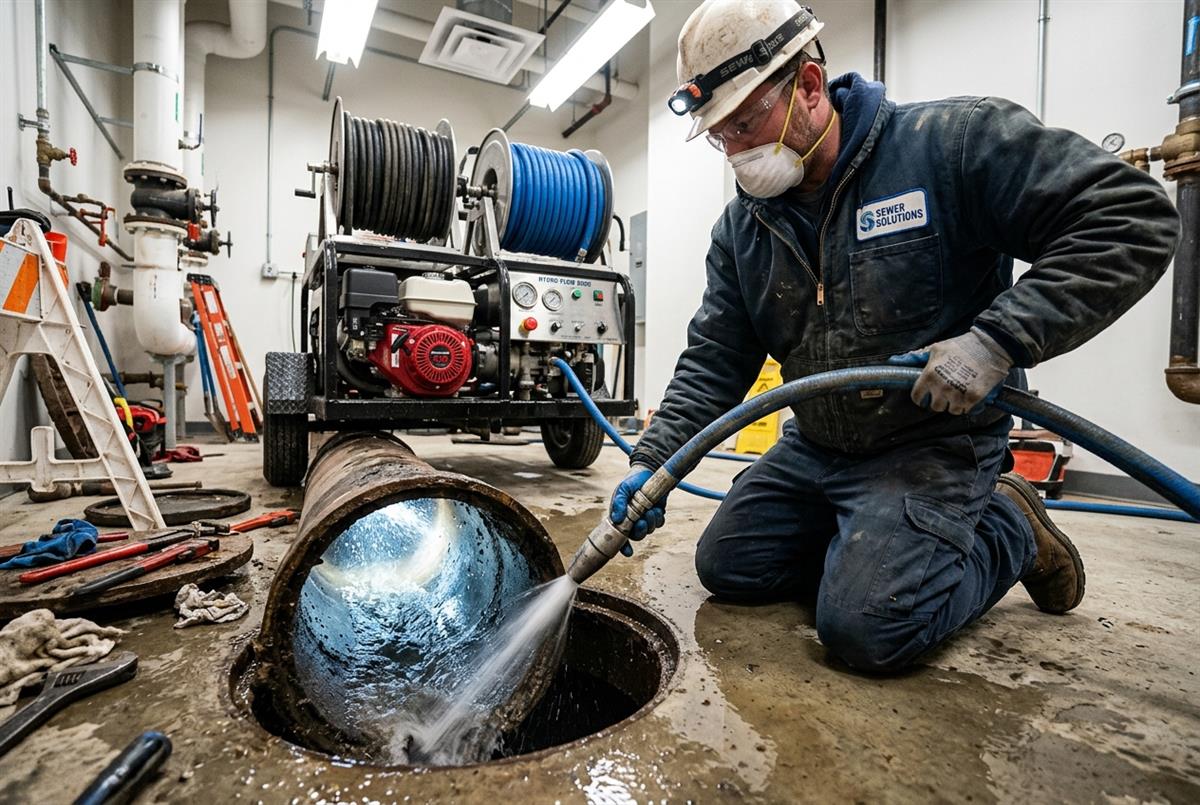 High-pressure hydro jetting equipment scouring grease and heavy buildup from main sewer lines