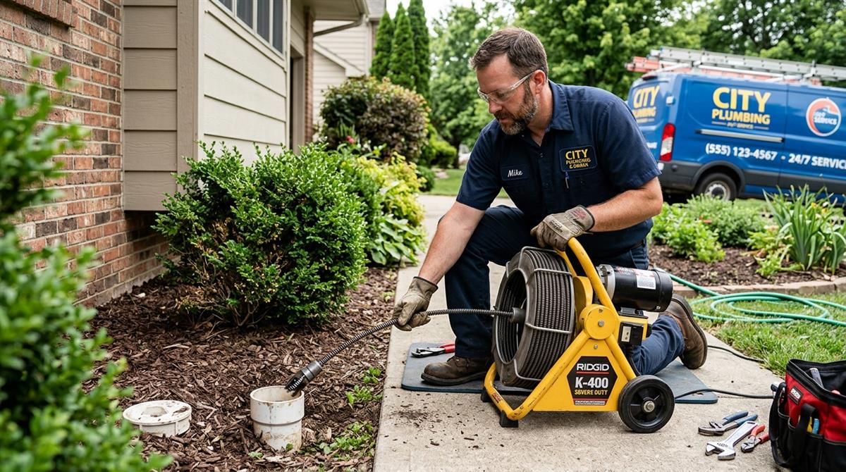 Main sewer line cleaning and cabling performed through exterior cleanout access