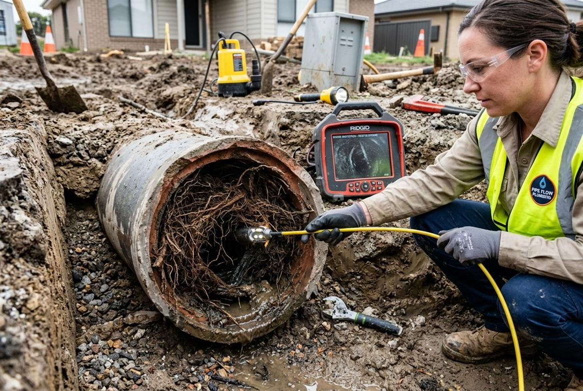 Tree root intrusion mass removed from underground sewer pipe joint