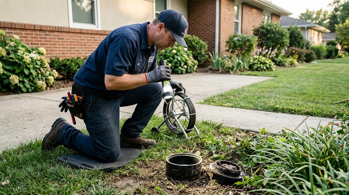 Emergency sewer line backup service evaluating wastewater restriction