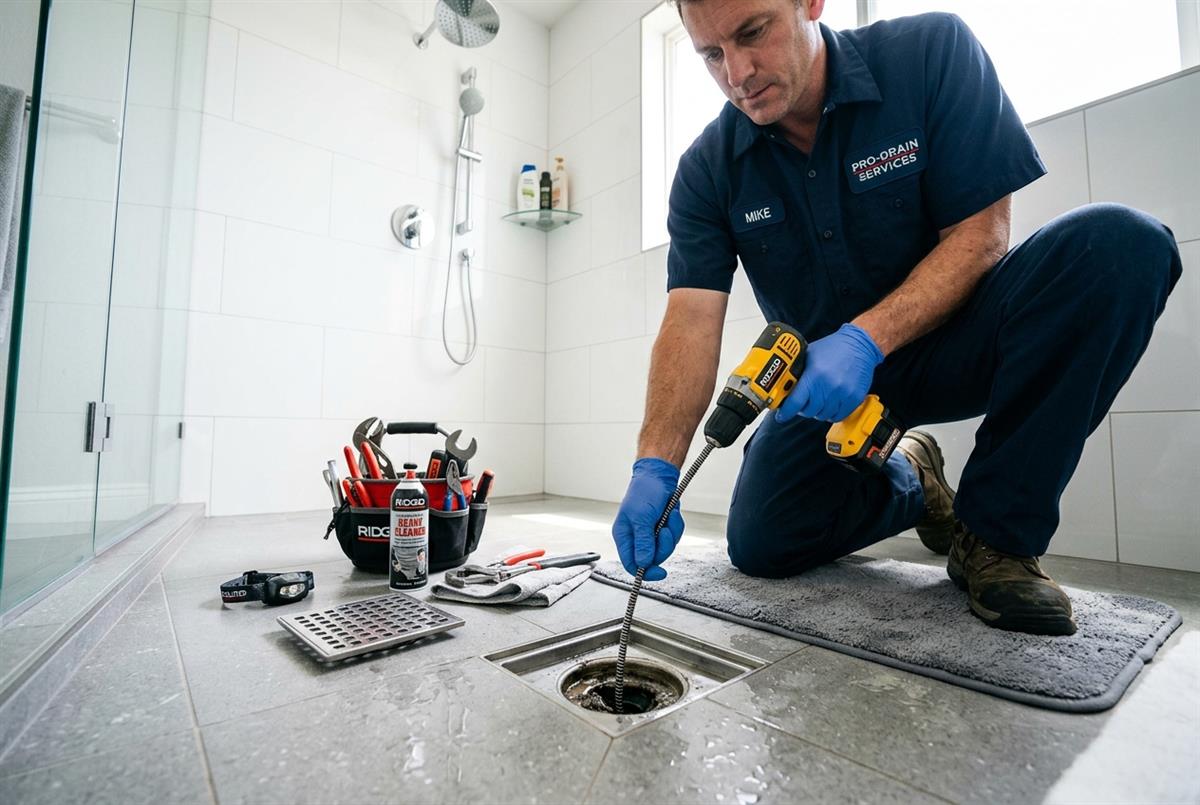 Plumbing technician clearing standing water and hair buildup from bathroom shower drain trap